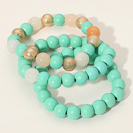 3PCS - Metal Natural Stone Wood Beaded Stretch Multi Layered Bracelets