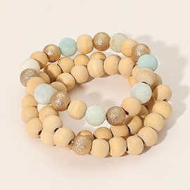 3PCS - Metal Natural Stone Wood Beaded Stretch Multi Layered Bracelets