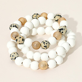 3PCS - Metal Natural Stone Wood Beaded Stretch Multi Layered Bracelets