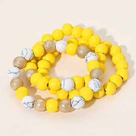 3PCS - Metal Natural Stone Wood Beaded Stretch Multi Layered Bracelets