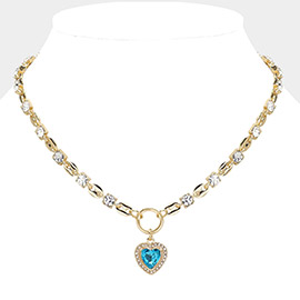 Square Rhinestone Cluster Link Heart Stone Pendant Necklace