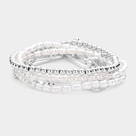 5PCS - Pearl Metal Ball Stretch Paperclip Chain Multi Layered Bracelets