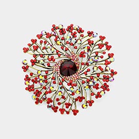 Round Stone Centered Rhinestone Embellished Branch Flower Pin Brooch