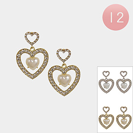 12Pairs - Heart Pearl Pointed Stone Paved Open Heart Dangle Earrings