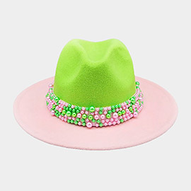Pearl Embellished Band Pointed Color Block Fedora Hat