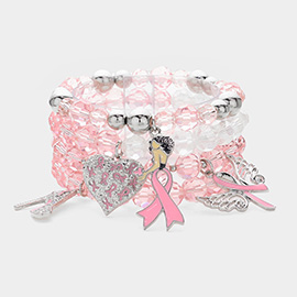 4PCS - Enamel Pink Ribbon Afro Woman High Heel Wing Heart Charm Faceted Beaded Stretch Multi Layered Bracelets