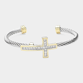 CZ Stone Paved Cross Pointed Two Tone Split Cuff Bracelet