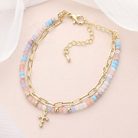 Stone Paved Cross Charm Pointed Beaded Metal Paperclip Chain Layered Bracelet