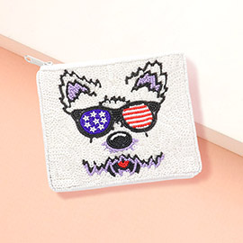 Sequin Beaded American USA Puppy Face Pointed Seed Beaded Mini Pouch Bag