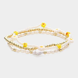 3PCS - Mother Of Pearl Flower Quatrefoil Pointed Beaded Multi Layered Bracelets