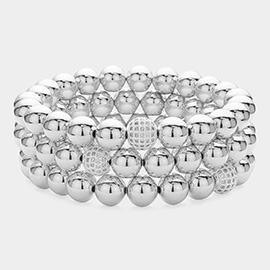 3PCS - Shamballa Ball Pointed Metal Ball Beaded Stretch Multi Layered Bracelets