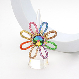 Round Stone Pointed Rhinestone Paved Flower Stretch Ring