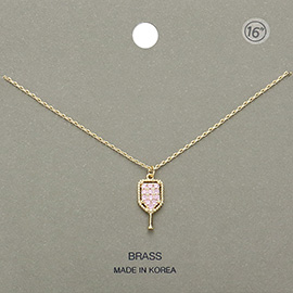 Stone Paved Brass Metal Pickleball Paddle Pendant Necklace