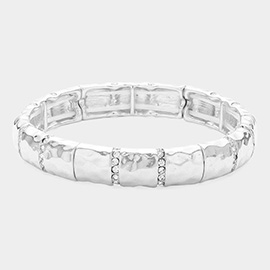 Stone Paved Link Pointed Hammered Metal Stretch Bracelet
