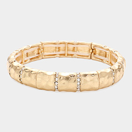 Stone Paved Link Pointed Hammered Metal Stretch Bracelet