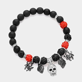 Stone Paved Skull Metal Spider Skeleton Charm Shamballa Ball Beaded Stretch Bracelet