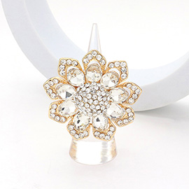 Oval Glass Stone Embellished Rhinestone Paved Flower Stretch Ring