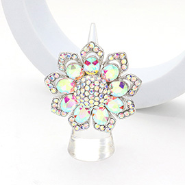 Oval Glass Stone Embellished Rhinestone Paved Flower Stretch Ring