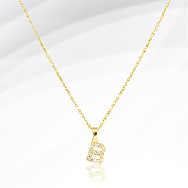-B- Stainless Steel CZ Stone Paved Initial Monogram Pendant Necklace