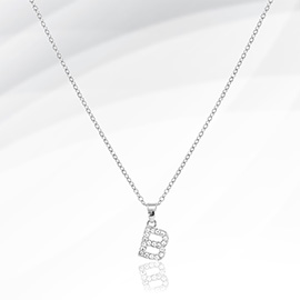 -B- Stainless Steel CZ Stone Paved Initial Monogram Pendant Necklace