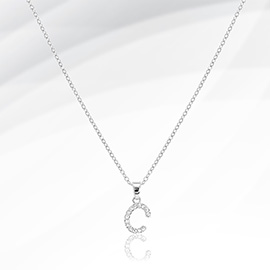 -C- Stainless Steel CZ Stone Paved Initial Monogram Pendant Necklace