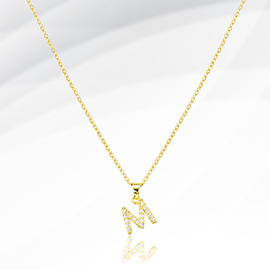 -M- Stainless Steel CZ Stone Paved Initial Monogram Pendant Necklace