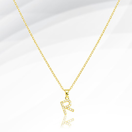 -R- Stainless Steel CZ Stone Paved Initial Monogram Pendant Necklace