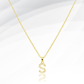 -S- Stainless Steel CZ Stone Paved Initial Monogram Pendant Necklace