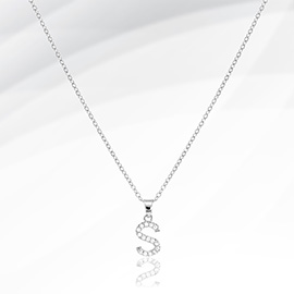 -S- Stainless Steel CZ Stone Paved Initial Monogram Pendant Necklace