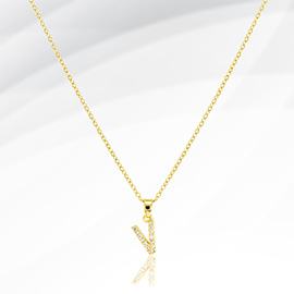 -V- Stainless Steel CZ Stone Paved Initial Monogram Pendant Necklace