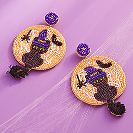 Felt Back Halloween Black Cat Spider Bat Seed Beaded Earrings
