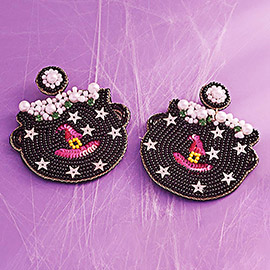 Pearl Star Sequin Seed Beaded Felt Back Halloween Witch Cauldron Earrings