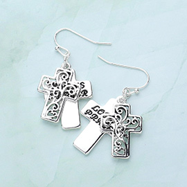 LORDS PRAYER Message Metal Double Cross Dangle Earrings