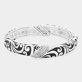 Stone Paved Pointed Metal Filigree Stretch Bracelet