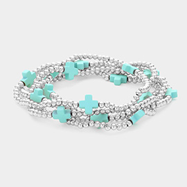 5PCS - Cross Pointed Metal Ball Beaded Stretch Multi Layered Bracelets