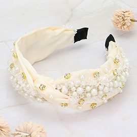 Pearl Stone Cluster Embellished Tweed Mix Knot Headband