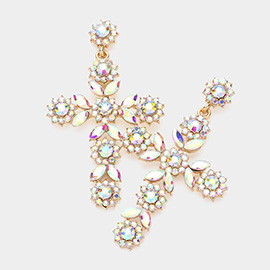 Flower Mqrauise Stone Cluster Pointed Cross Dangle Evening Earrings