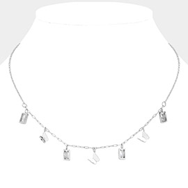 Stainless Steel Butterfly Rectangle Stone Bezel Charm Station Necklace