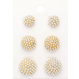 3Pairs - Pearl Paved Round Stud Earring Set