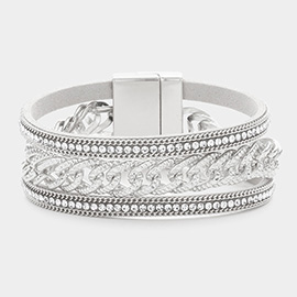 Stone Paved Chain Embellished Magnetic Bracelet