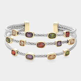 Multi Colored CZ Stone Bezel Pointed Split Cuff Bracelet