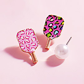 3Pairs - Enamel Leopard Pickleball Paddle Pearl Stud Earring Set