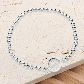 Roman Numeral Round Disc Pointed Stainless Steel Ball Beaded Stretch Bracelet