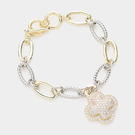 14K Gold Plated CZ Stone Paved Quatrefoil Charm Textured Metal Toggle Bracelet