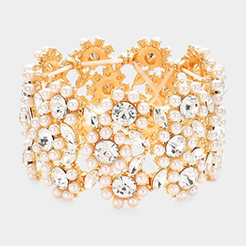 Round Rhinestone Pointed Pearl Flower Stretch Evening Bracelet