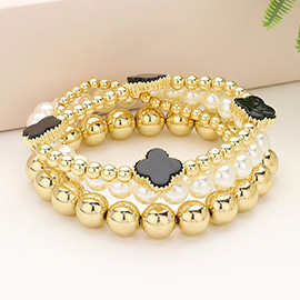 4PCS - Quatrefoil Pointed Metal Ball Pearl Beaded Stretch Multi Layered Bracelets