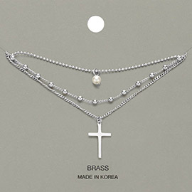 Round Pearl Pointed Brass Metal Cross Pendant Layered Necklace