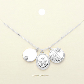Stone Paved Butterfly Flower Pointed Disc Charm Pendant Necklace