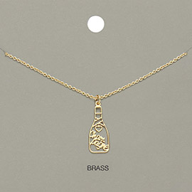 Cheers Message Champagne Bottle Brass Metal Pendant Necklace