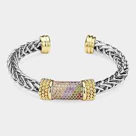 CZ Stone Paved Bar Pointed Two Tone Cuff Bracelet
